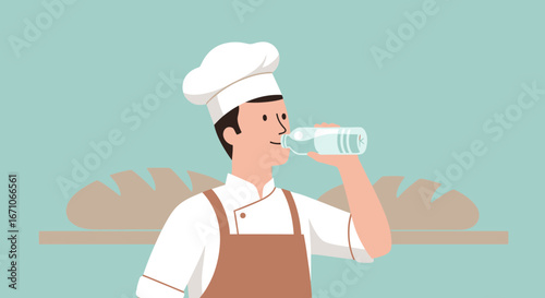 Baker Refreshing With Water Bottle In The Bakery After Baking Bread Cartoon Illustration