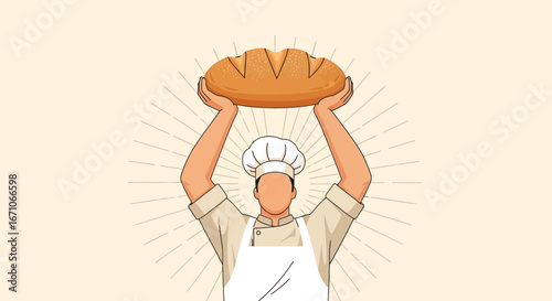 Baker Showcases Freshly Baked Artisan Bread High Above His Head With Radiating Sunshine
