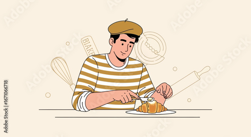Baker Spreading Butter on a Croissant Creating Delicious Breakfast Delights