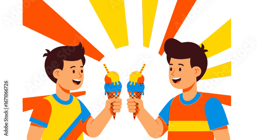 Cheerful Boys Relish Ice Cream Cones Against a Vivid Background of Joyful Sunlight