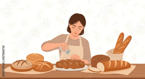 Baker Sprinkling Salt Over Freshly Baked Bread, A Culinary Scene, Baking Delight