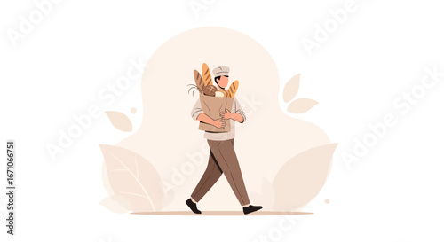 Baker Walking Away Carries a Bag of Bread Against a Soft Background Illustration