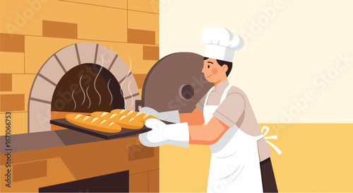 Baker Takes Freshly Baked Bread From The Oven, Showing Culinary Craftsmanship