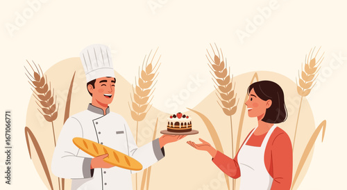 Baker Welcomes A Customer With Fresh Baked Bread and Delicious Cake