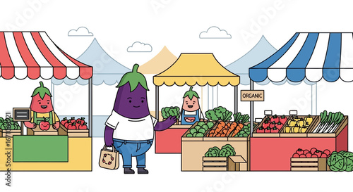 Cheerful Cartoon Characters Buying Fresh Vegetables at a Vibrant Outdoor Farmers Market Scene