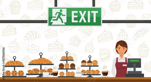 Bakery Scene Depicting Fresh Pastries, Coffee, and a Smiling Clerk Behind the Counter