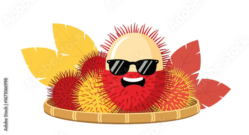 Cheerful Cartoon Rambutan Smiling with Sunglasses in a Wicker Basket on White Background