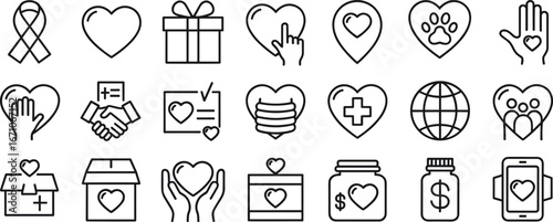 Charity And Donation Icons Including Hearts Hands Boxes And Globe giving helping