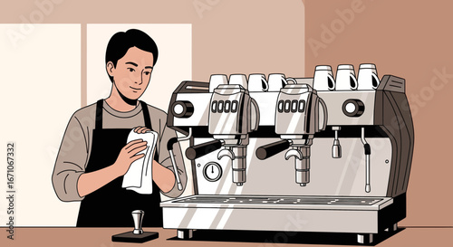 Barista Cleaning Espresso Machine Preparing Coffee Beverages In A Coffee Shop, Artwork