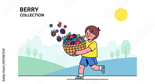 Cheerful Child Carrying Basket Full Of Berries, Enjoying Sunny Day And Natural Surroundings