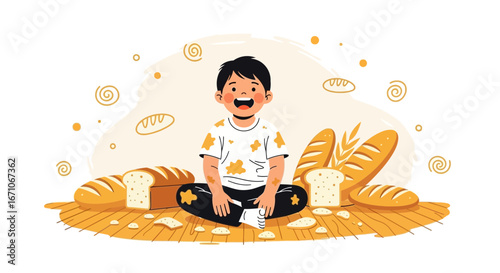 Cheerful Child Delighted By Many Loaves Of Freshly Baked Bread And Pastry