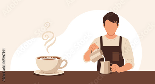 Barista Crafting Latte Art with Milk Pouring into a Ceramic Cup for Morning Coffee