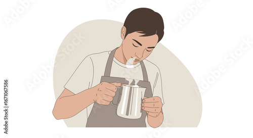 Barista Inspects Steaming Milk Quality Before Crafting Gourmet Coffee Drink