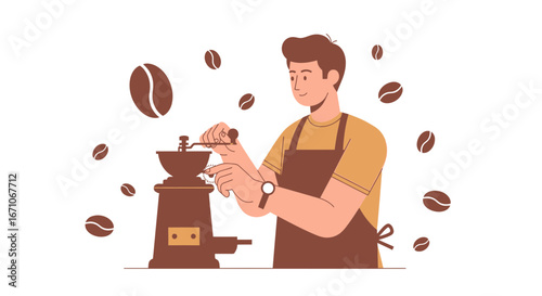 Barista Preparing Fresh Coffee Beans Using A Grinder, Aromatic, And Delicious