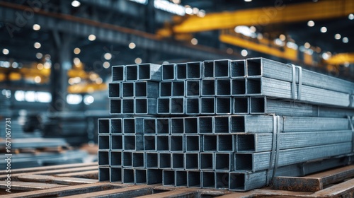 Stacked metal square tubes in a factory