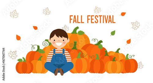 Cheerful Child Surrounded By Pumpkins Celebrating Autumn's Fall Festival Season Celebration