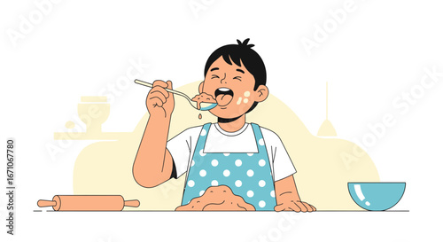 Cheerful Child Tasting Dough While Baking, Enjoying the Delicious Flavor Before Cooking
