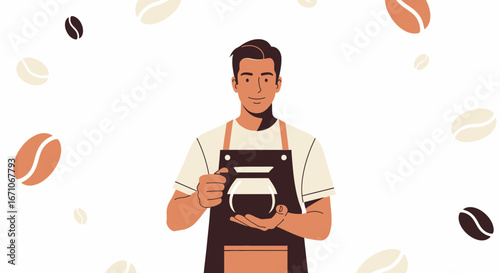 Barista Presenting Coffee with Flying Beans in Modern Illustration Style