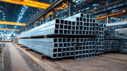 Square steel pipes stacked in a large warehouse