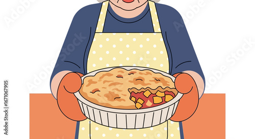Cheerful Cook Presents a Delicious Baked Pie, Freshly Made from the Oven Ready To Serve