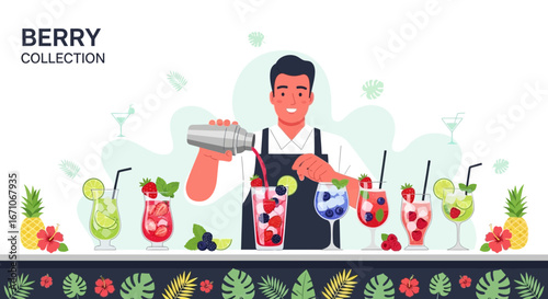 Bartender Crafting Fresh Berry Cocktails Illustrative Concept, Refreshing Drinks