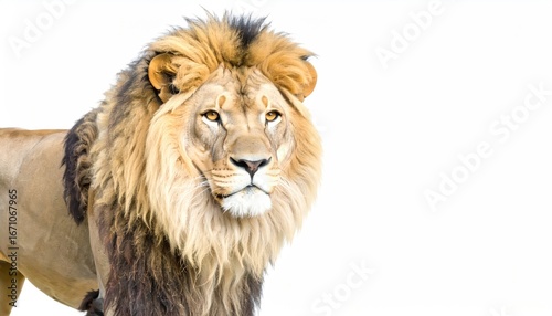 Majestic male lion with a magnificent golden mane against a white background.