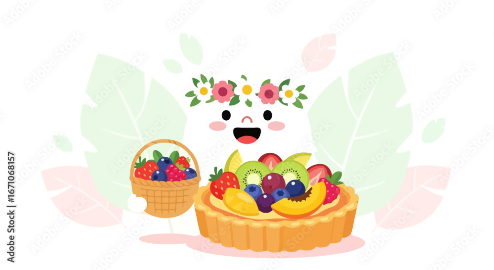 Obraz premium Cheerful Display Of Fruit Tart, Berries, And Floral Embellishments For Delicious Appetizing Appeal