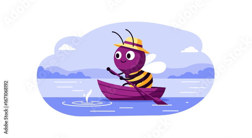 Bee In A Rowboat Is Paddling Across The Lake, Cute Illustration, Funny Cartoon