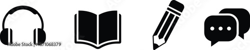 Education And Communication Icons Including Headphones Book Pencil And Chat Bubbles learning knowledge