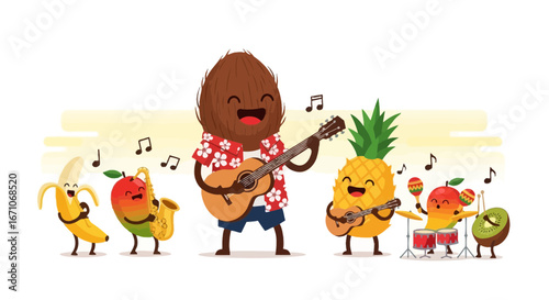 Cheerful Fruit Band Playing Music with Guitars, Drums, and Saxophone in Delightful Harmony