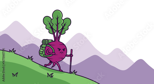 Beetroot Hiker On Adventure Towards Purple Mountains with Green Backpack and Walking Stick