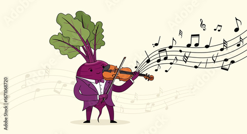 Beetroot Musician Playing Violin, Musical Notes Flowing From Instrument with a Smile