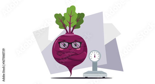 Beetroot With Glasses Stands Proudly Next To Scale To Measure Its Weight