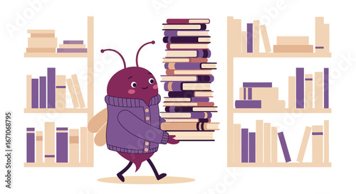 Bibliophile Insect Delivers Books Stacking High in A Cozy Cartoon Library Setting