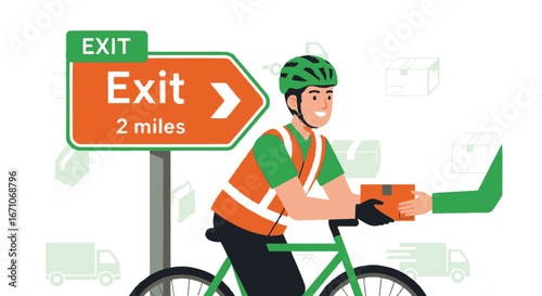 Bike Courier Delivering Package Near Exit Sign, Showing Efficiency And Speed Of Delivery