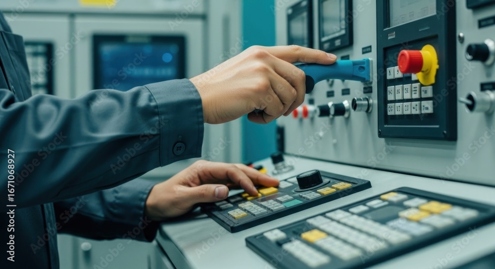 Fototapeta premium Worker operates machinery control panel, adjusting settings and equipment