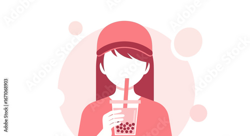 Boba Drink Illustration Featuring a Woman in a Hat, Enjoying a Refreshing Beverage