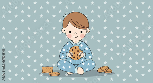 Boy Enjoying Cookies In His Pajamas Against A Backdrop of Serene Starry Night