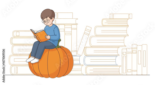 Boy Reading A Book During Autumn Season, Sitting On A Pumpkin Near Book Piles