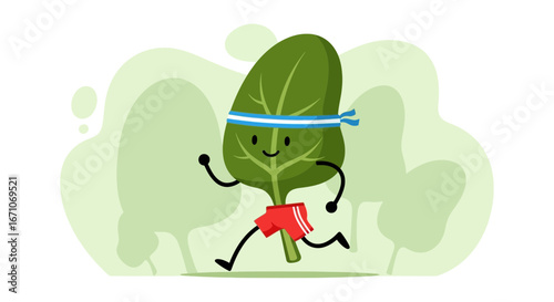 Cheerful Leaf Character Running, Displaying Health, Nature, And Fun in Illustration Form