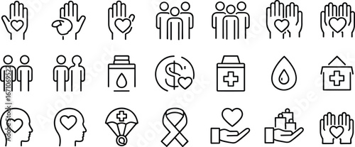Icons Representing Charity Healthcare and Human Kindness Concepts hand with heart helping hand