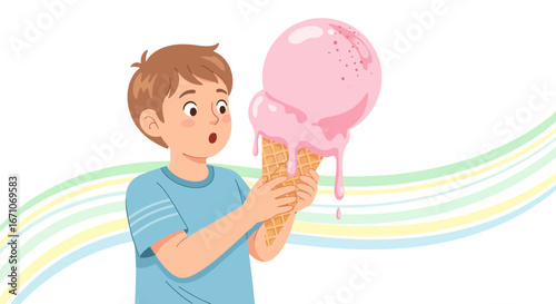 Boy's Ecstatic Surprise As He Holds Over-Sized Sweet Pink Ice Cream Cartoon Illustration