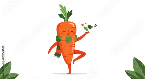 Cheerful Living Carrot Holding A Green Bird and Balancing on Single Leg With Stylish Scarf Design