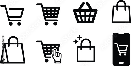 Online Shopping Icons Featuring Shopping Carts Bags And Mobile Phone e-commerce shopping bag