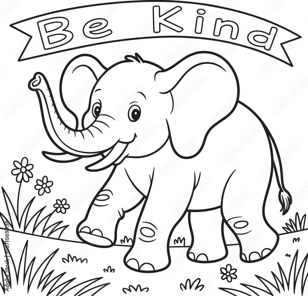 Naklejka premium Be Kind Elephant with Banner Outline Vector Illustration Positive Message Art