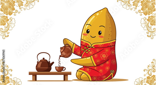 Cheerful Peanut Character Engaged In A Traditional Tea Ceremony Displaying Artistic Elegance