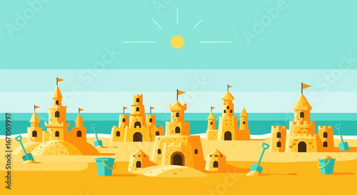Captivating Illustration Of Imposing Sandcastles Decorated With Tiny Flags On The Beach