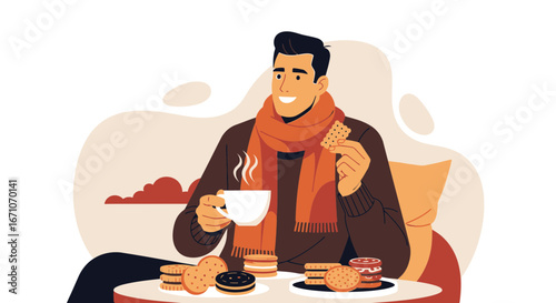 Cheerful Person Relaxes With Beverage and Biscuits Indoors On A Cold Day