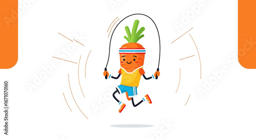Carrot Character Jumping Rope in Playful Illustration Representing Healthy Habits