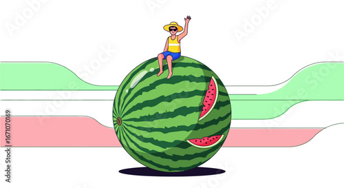 Cheerful Person Sitting On a Giant Watermelon Waving to the Viewers During Summer